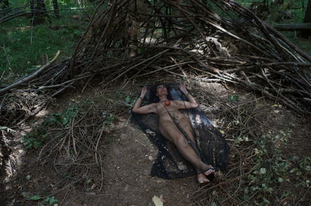 in forest cradle with apple         