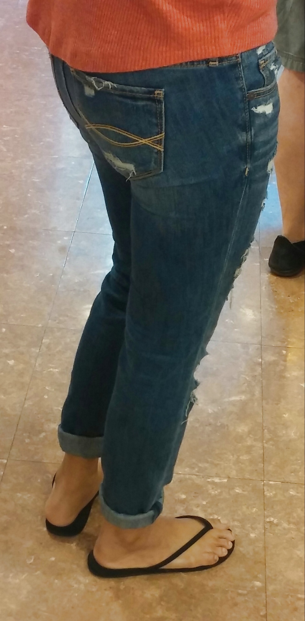 Sex Skinny Asian teen feet and ass in jeans with face. image