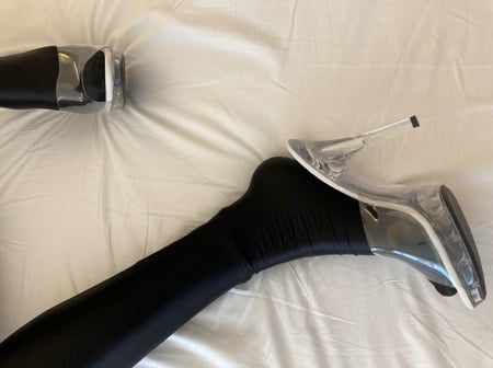 spandex pantyhose and clear high heel mules         