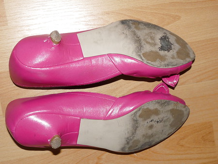 wifes shiny purple pantyhose pink peep toes