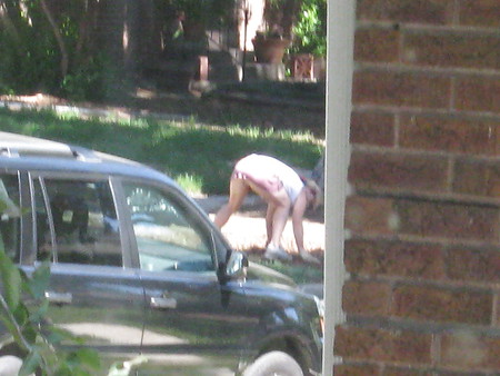 neighbors showing off, doing yardwork in skirts (original)