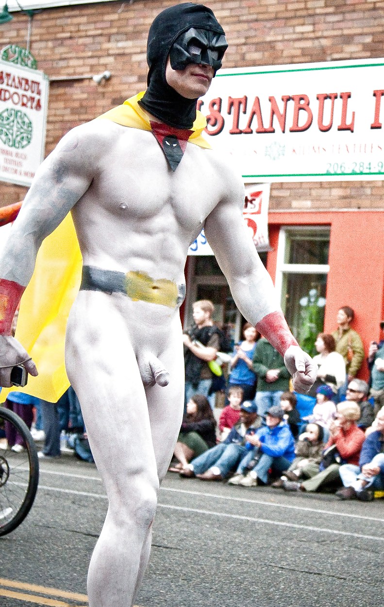 Big Fat Naked Man In A Superhero Costume Shows The Muscles On Hi Stock Image