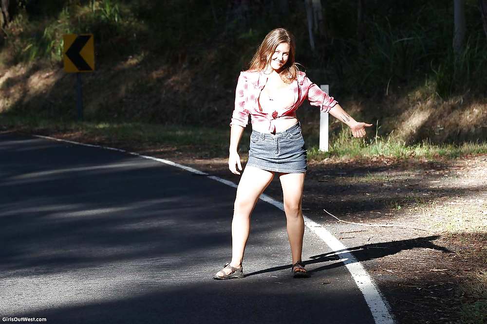Sex Busty cutie shows her hairy pussy by the road image