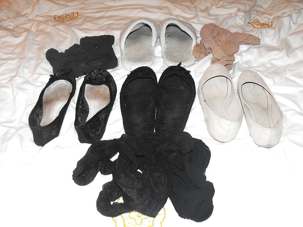 Sex Em's very worn flats slippers and tights, Take a sniff!!! image