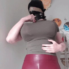 Big titted hooded sissy slut playing with her dog collar