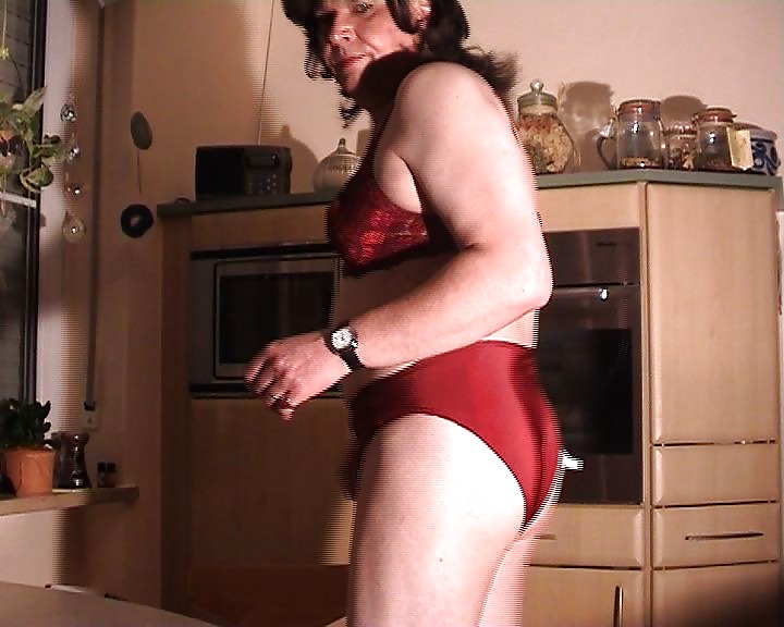 Sex red undies in the kitchen image