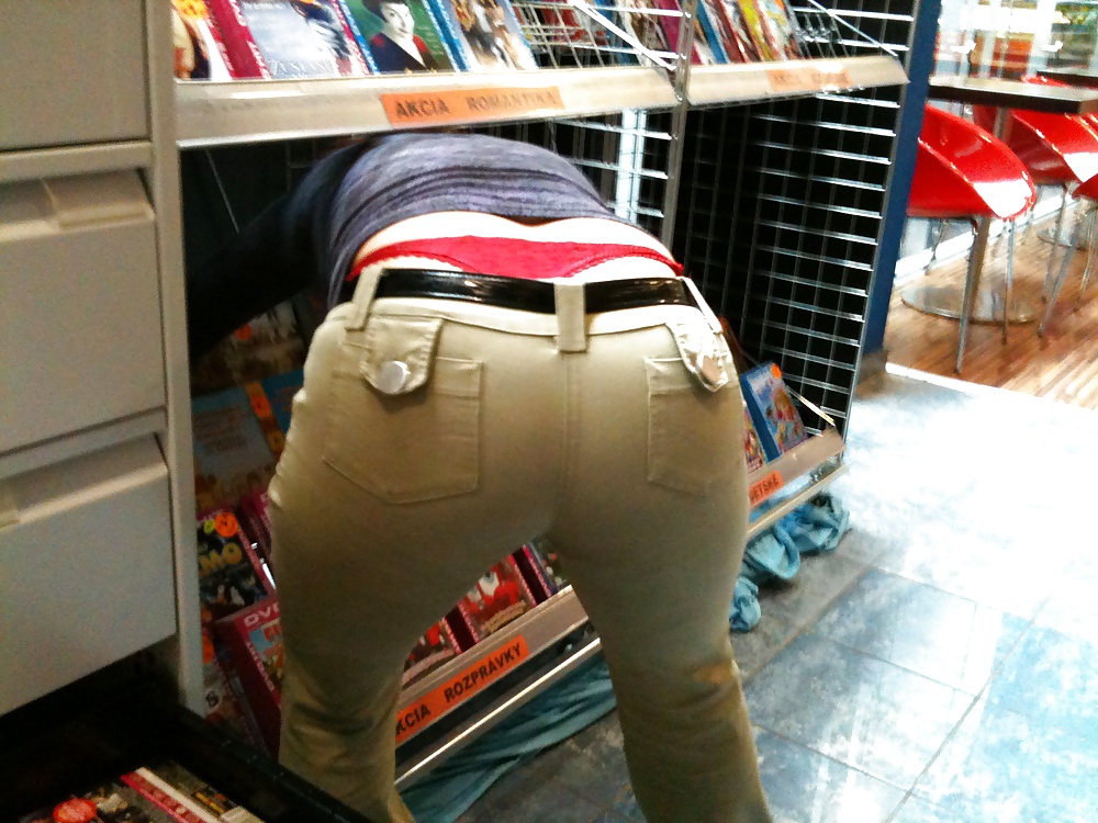 Sex Candid red thong big ass in tight jeans image