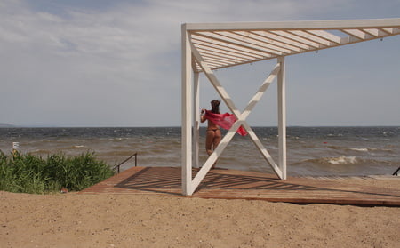 red shawl on windy weather         