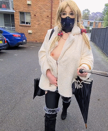Exhibitionist whore in a fur coat flashing in public #7