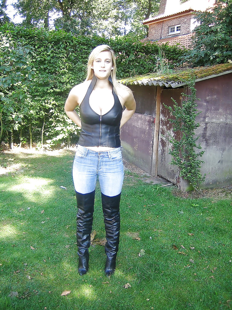 Sex dressed in leather top and boots, love to shag her image