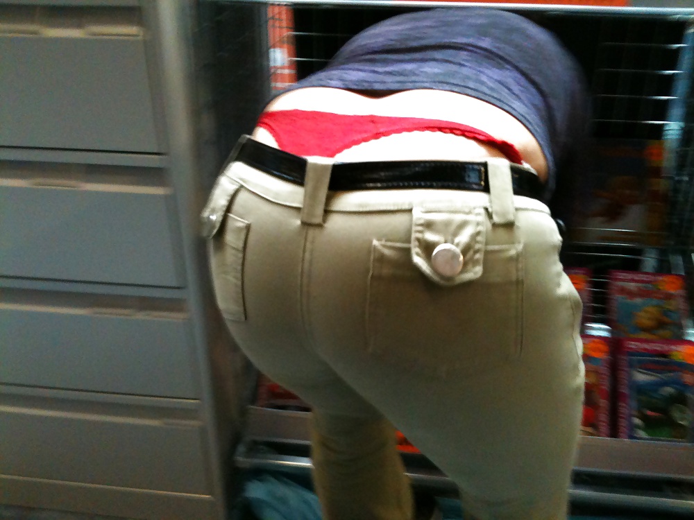 Sex Candid red thong big ass in tight jeans image