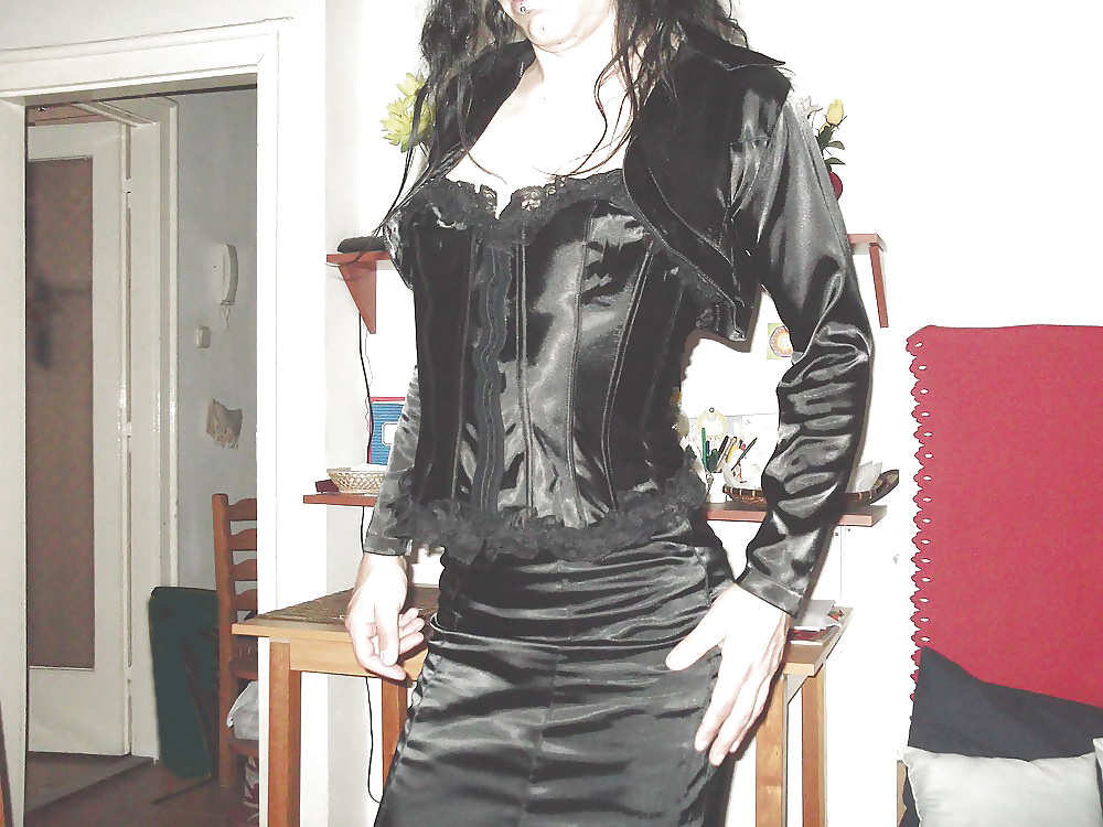 Sex Black satin long skirt and black satin corset image