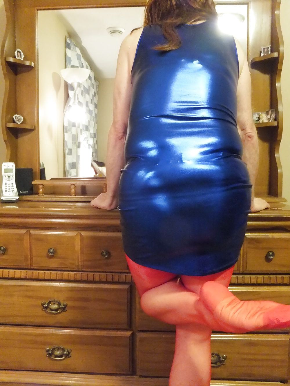 Sex New Blue Satin Sinny Dress, with Red Stockings n Garters! image