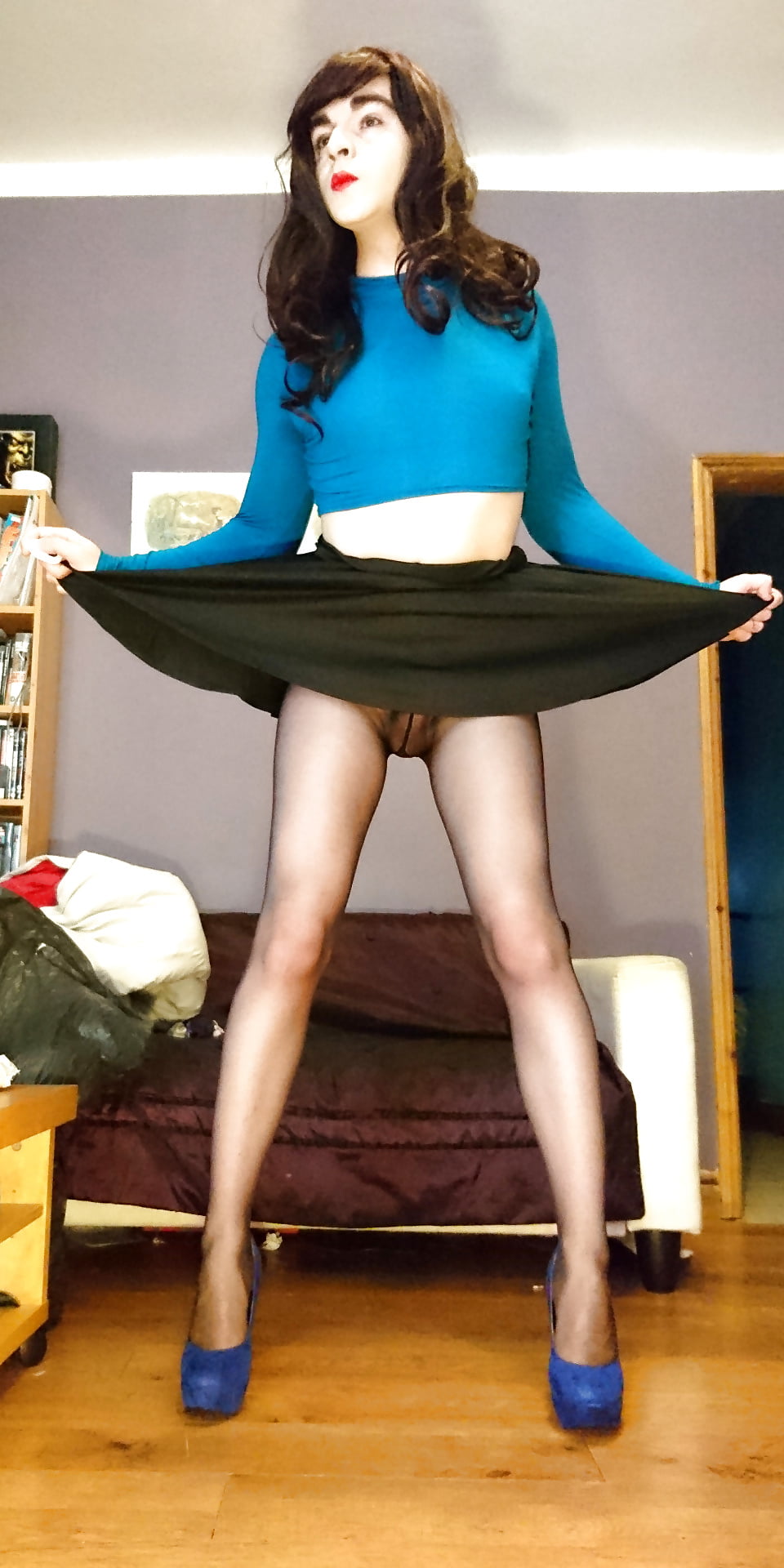 Sex Marie crossdresser in sheer pantyhose and blue top image